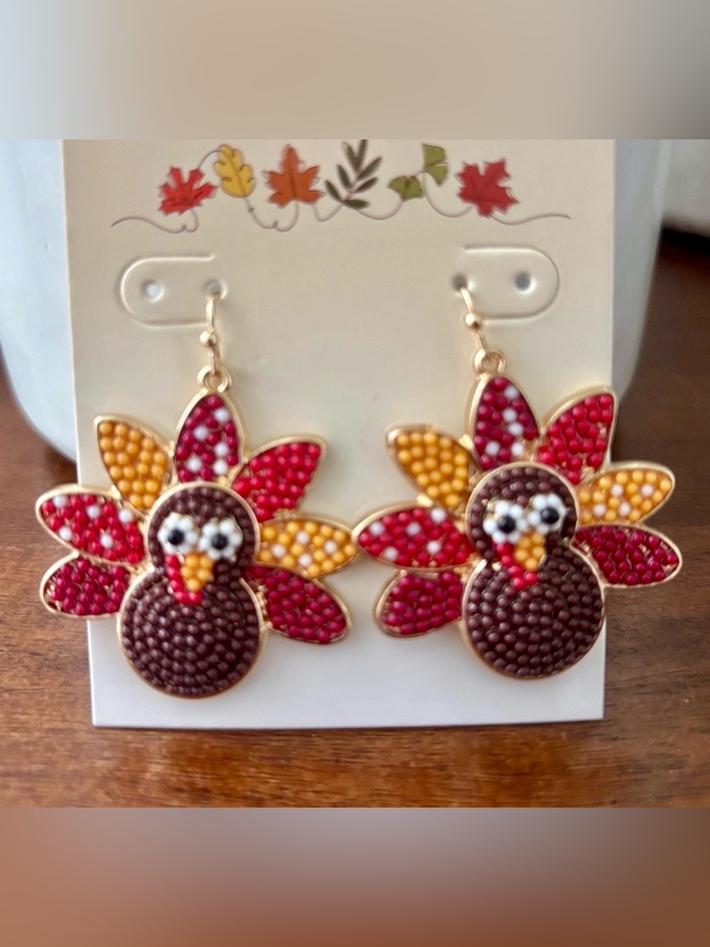 Thanksgiving Turkey Seed bead,fan tailed,goldtone,fishook drop earrings,cheerful